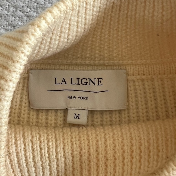 La Ligne Marine Mockneck Cream & Navy Stripe Blanket Stitch Merino Wool Sweater - Picture 5 of 6